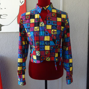 Colorful Vintage Open Collar Top Size Small